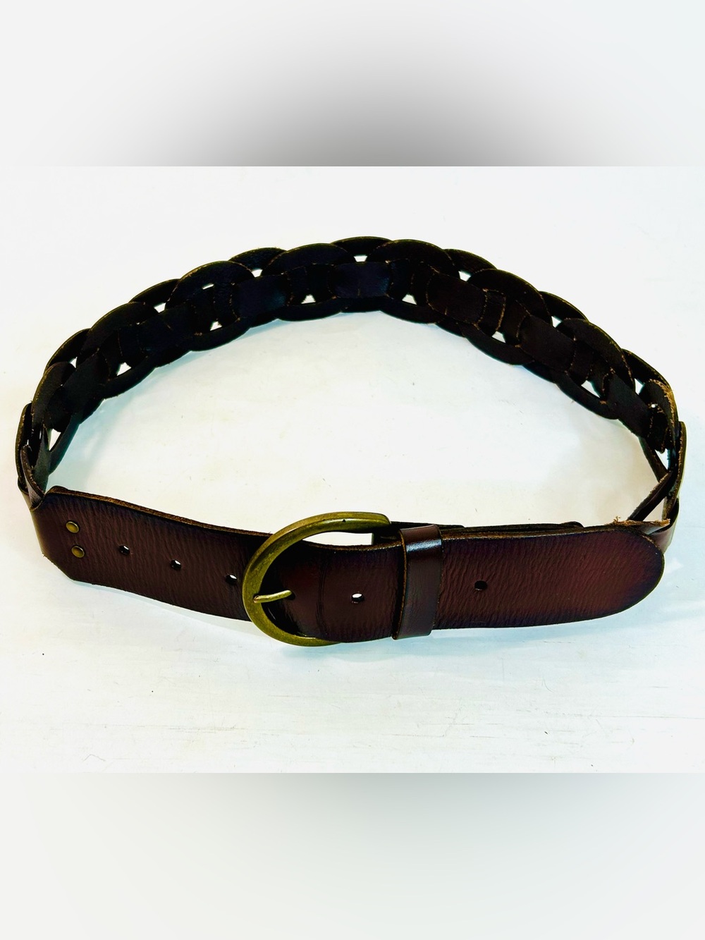 American Eagle Brown Leather Boho Woven Belt Brass Buckle ~40” Long - Picture 11 of 13